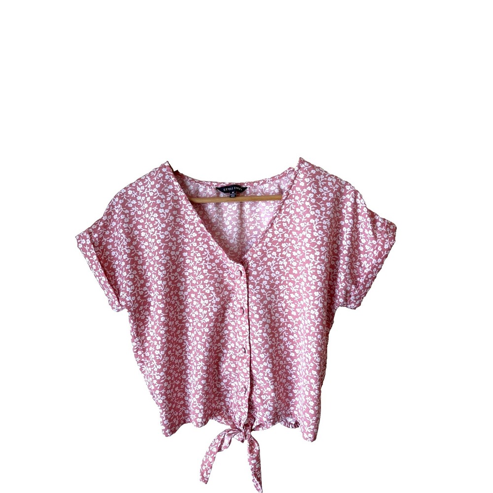 Style Envy Pink Floral Tie Front Button Up Blouse Short Sleeve V-Neck Top Medium